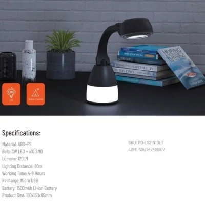 Porodo 2-in-1 Desk Lamp - Torch Compact Outdoor Lantern - Black